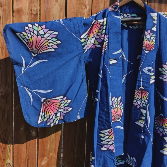 Blue Unisex Kimono; Slate Blue with Multicoloured Lotus Flower Design. - Picture 4 of 11